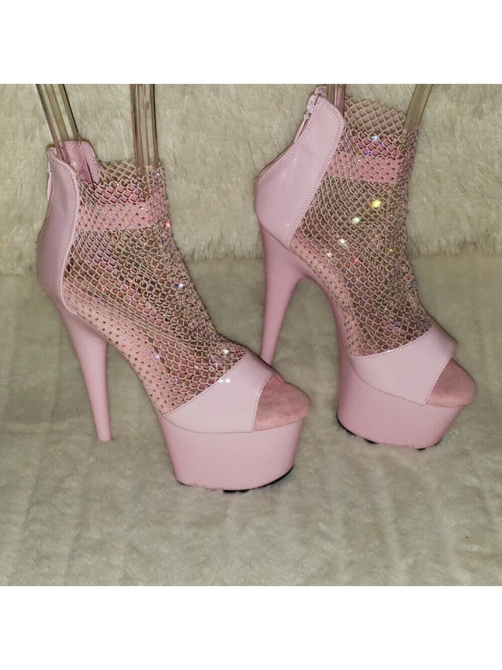 NIB Adore 765RM Baby Pink Rhinestone Mesh Platform 7" High Heel Sandal Shoes - Picture 12 of 13